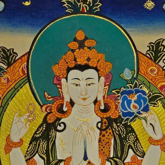 Hand Painted Chyangresi Thangka Painting on Cotton Canvas | Tibetan Avalokiteshvara Wall Art | Spiritual Buddhist Home Decor Gift