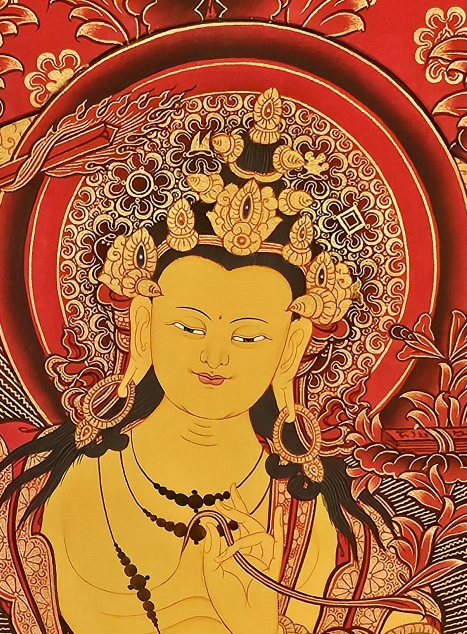 Manjushree Thangka Buddhist Wall Art | Tibetan Deity Thangka for Meditation Room Decor | Wisdom Buddha Painting for Altar
