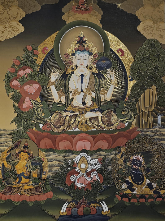 Chyangresi Thangka Hand-Painted | 41x56 cm Avalokiteshvara Tibetan Wall Art | Traditional Nepalese Buddhist Painting | Spiritual Decor