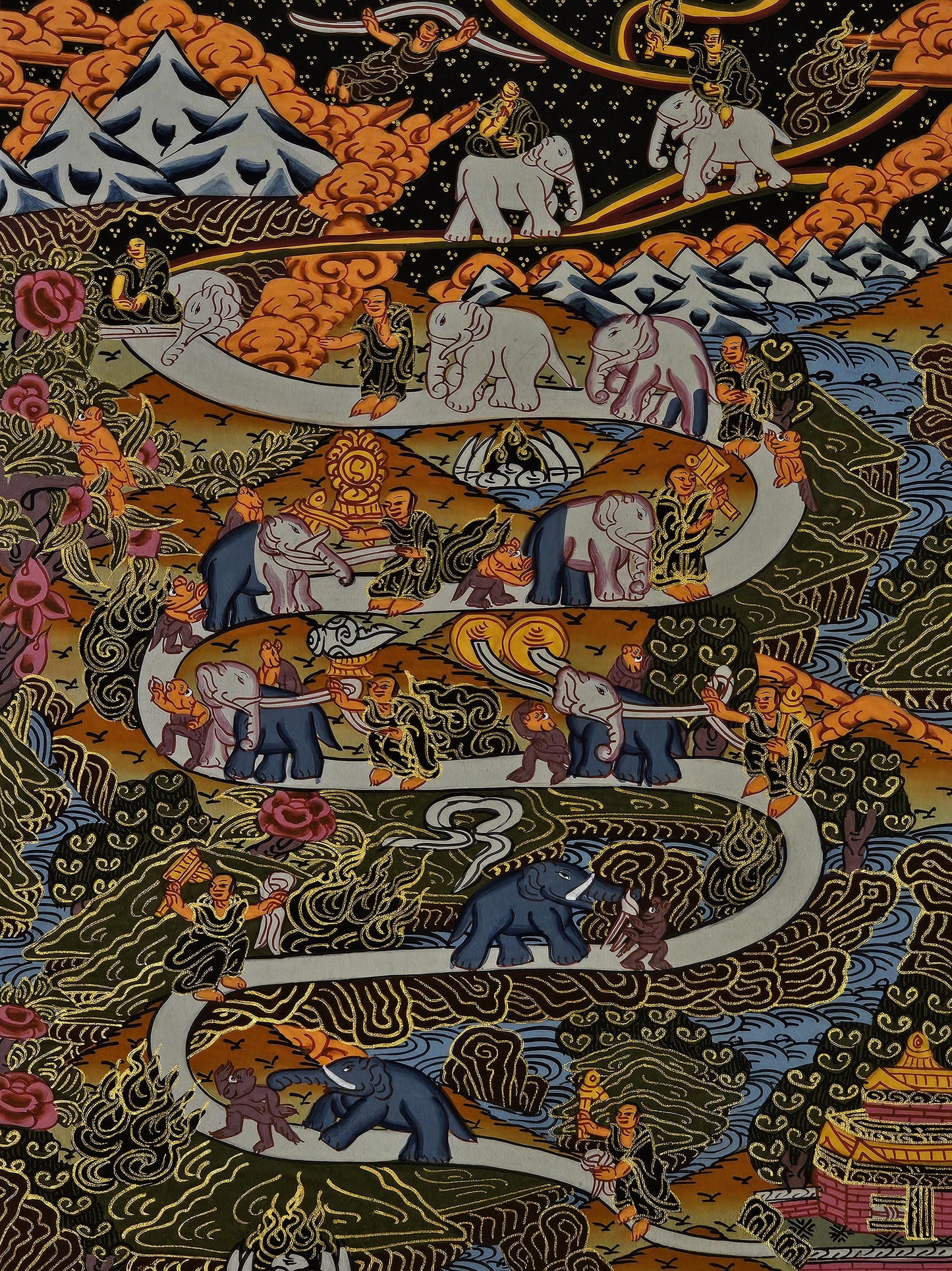 Way to Heaven Thangka Painting Tibetan Buddhist Art | Spiritual Ascension Wall Decor | Hand Painted Himalayan Meditation Artwork