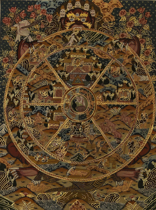 Tibetan Thangka Painting Wheel of Life Buddhist Wall Art | Hand Painted Karma and Rebirth Decor | Spiritual Meditation Room Artwork