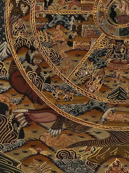 Tibetan Thangka Painting Wheel of Life Buddhist Wall Art | Hand Painted Karma and Rebirth Decor | Spiritual Meditation Room Artwork