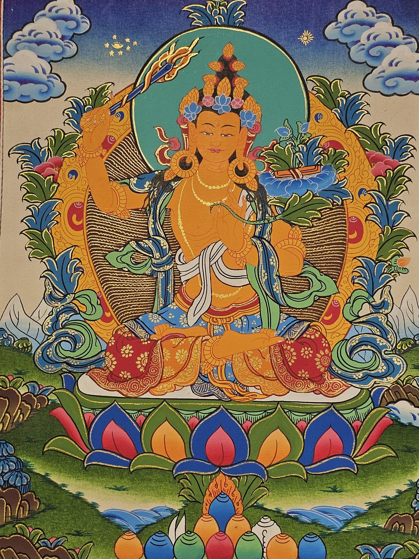Manjushree Border Thangka | Tibetan Deity Thangka for Meditation Room Decor | Wisdom Buddha Painting for Altar