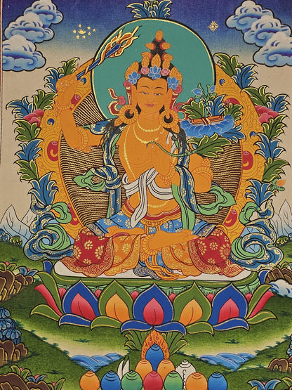 Manjushree Border Thangka | Tibetan Deity Thangka for Meditation Room Decor | Wisdom Buddha Painting for Altar