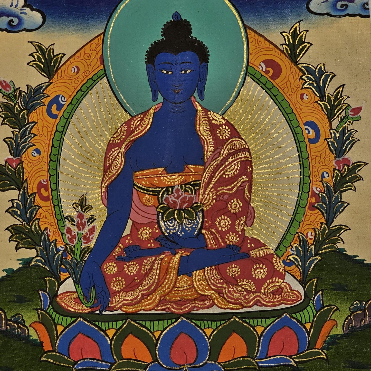 Hand Painted Medicine Buddha Thangka on Cotton Canvas | Healing Tibetan Wall Art | Spiritual Buddhist Decor for Altar or Meditation Room