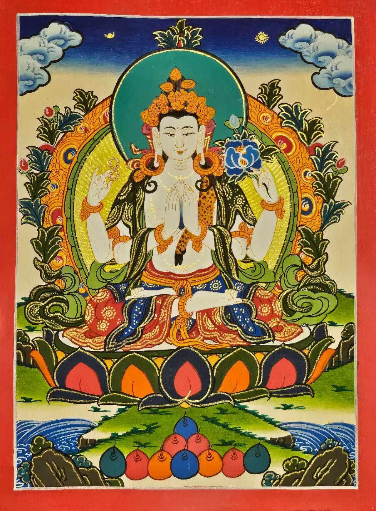 Hand Painted Chyangresi Thangka Painting on Cotton Canvas | Tibetan Avalokiteshvara Wall Art | Spiritual Buddhist Home Decor Gift