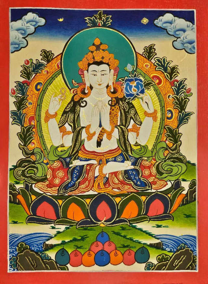 Hand Painted Chyangresi Thangka Painting on Cotton Canvas | Tibetan Avalokiteshvara Wall Art | Spiritual Buddhist Home Decor Gift