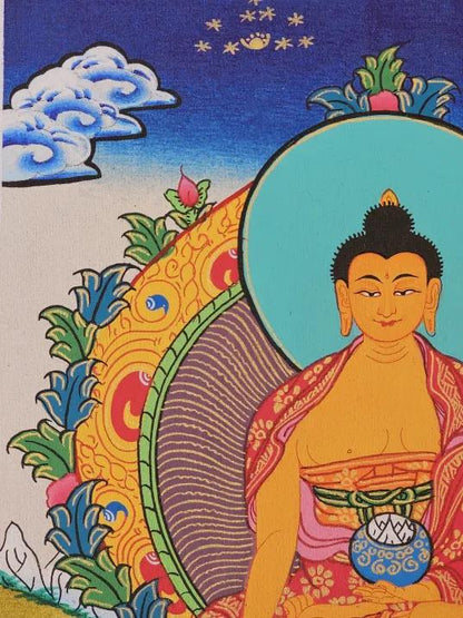 Shakyamuni Buddha Thangka | Hand-Painted Tibetan Buddhist Wall Art | Spiritual Decor | Meditation Room Sacred Painting