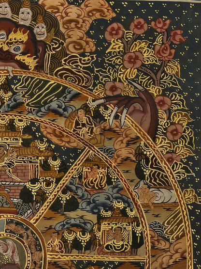 Tibetan Thangka Painting Wheel of Life Buddhist Wall Art | Hand Painted Karma and Rebirth Decor | Spiritual Meditation Room Artwork