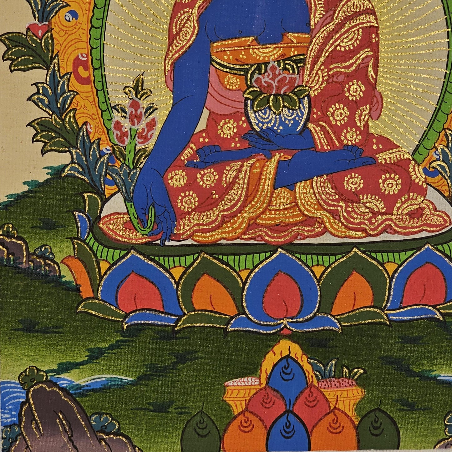 Hand Painted Medicine Buddha Thangka on Cotton Canvas | Healing Tibetan Wall Art | Spiritual Buddhist Decor for Altar or Meditation Room