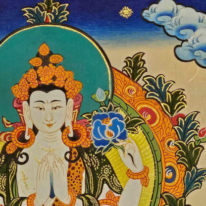 Hand Painted Chyangresi Thangka Painting on Cotton Canvas | Tibetan Avalokiteshvara Wall Art | Spiritual Buddhist Home Decor Gift