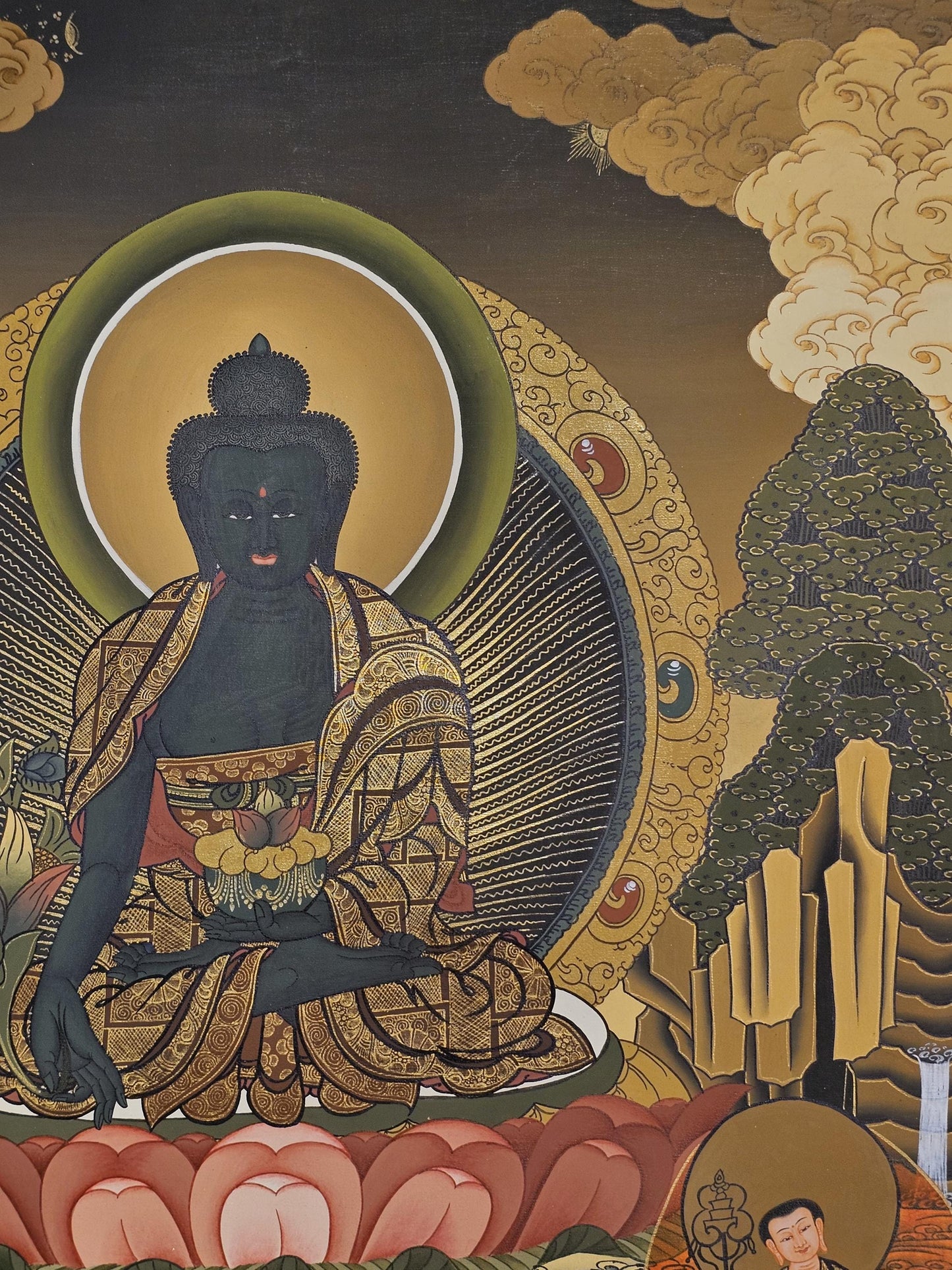 Medicine Buddha Thangka Hand-Painted  | 41x56 cm Tibetan Healing Wall Art | Traditional Nepalese Buddhist Painting | Spiritual Home Decor