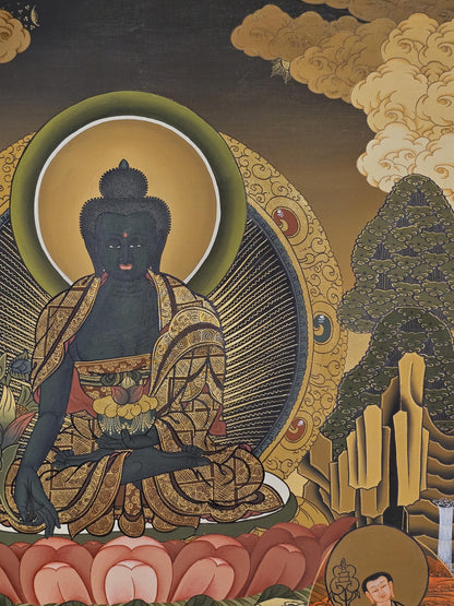 Medicine Buddha Thangka Hand-Painted  | 41x56 cm Tibetan Healing Wall Art | Traditional Nepalese Buddhist Painting | Spiritual Home Decor