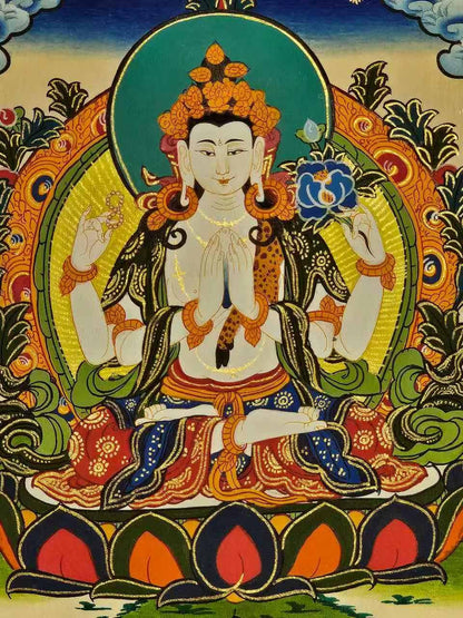 Hand Painted Chyangresi Thangka Painting on Cotton Canvas | Tibetan Avalokiteshvara Wall Art | Spiritual Buddhist Home Decor Gift
