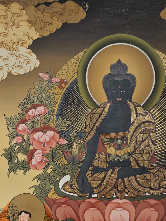 Medicine Buddha Thangka Hand-Painted  | 41x56 cm Tibetan Healing Wall Art | Traditional Nepalese Buddhist Painting | Spiritual Home Decor