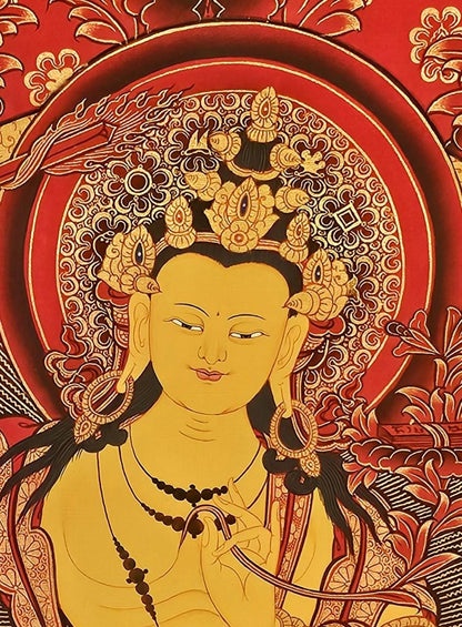 Manjushree Thangka Buddhist Wall Art | Tibetan Deity Thangka for Meditation Room Decor | Wisdom Buddha Painting for Altar
