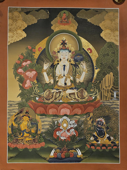 Chyangresi Thangka Hand-Painted  | 41x56 cm Avalokiteshvara Tibetan Wall Art | Traditional Nepalese Buddhist Painting | Spiritual Decor