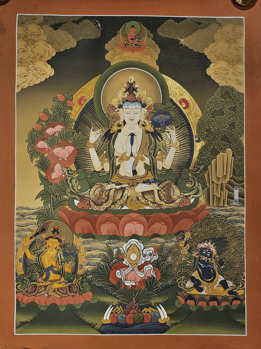 Chyangresi Thangka Hand-Painted  | 41x56 cm Avalokiteshvara Tibetan Wall Art | Traditional Nepalese Buddhist Painting | Spiritual Decor