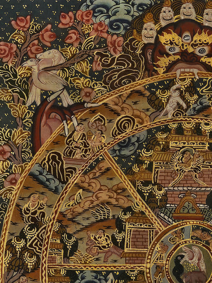 Tibetan Thangka Painting Wheel of Life Buddhist Wall Art | Hand Painted Karma and Rebirth Decor | Spiritual Meditation Room Artwork