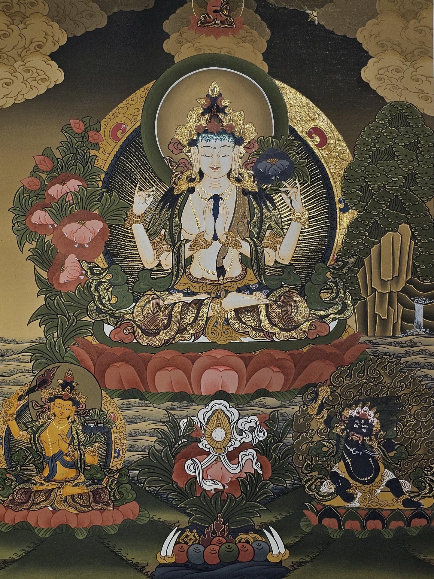 Chyangresi Thangka Hand-Painted  | 41x56 cm Avalokiteshvara Tibetan Wall Art | Traditional Nepalese Buddhist Painting | Spiritual Decor