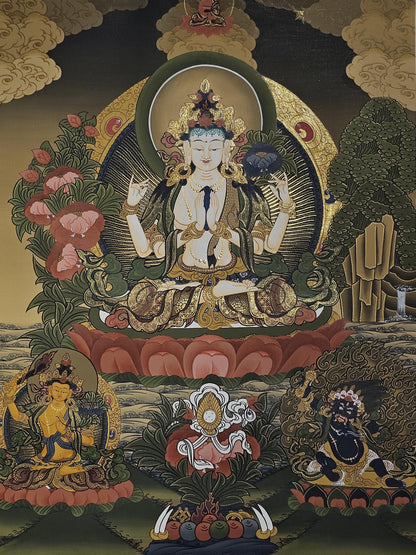 Chyangresi Thangka Hand-Painted  | 41x56 cm Avalokiteshvara Tibetan Wall Art | Traditional Nepalese Buddhist Painting | Spiritual Decor