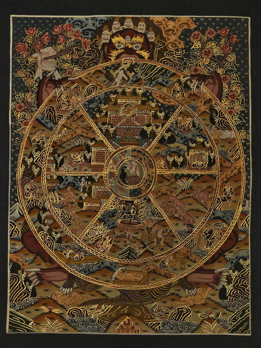 Tibetan Thangka Painting Wheel of Life Buddhist Wall Art | Hand Painted Karma and Rebirth Decor | Spiritual Meditation Room Artwork