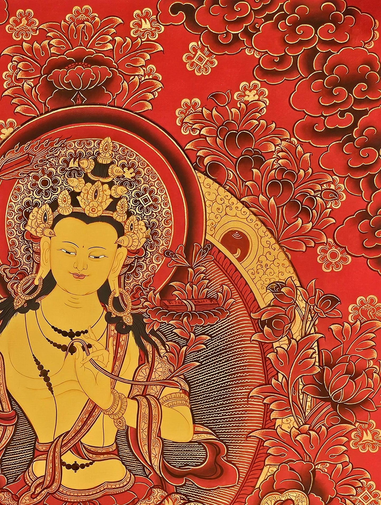 Manjushree Thangka Buddhist Wall Art | Tibetan Deity Thangka for Meditation Room Decor | Wisdom Buddha Painting for Altar