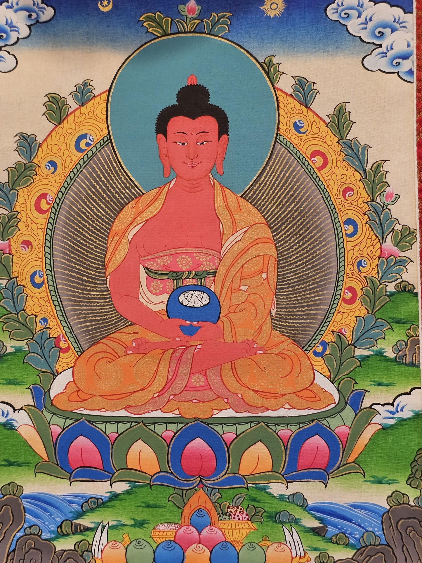 Amitabha Buddha Border Thangka | Tibetan Buddhist Art | Meditation & Healing Decor | Sacred Nepali Painting | Handmade Religious Art