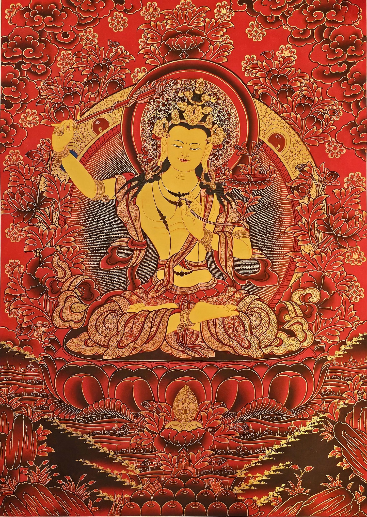 Manjushree Thangka Buddhist Wall Art | Tibetan Deity Thangka for Meditation Room Decor | Wisdom Buddha Painting for Altar