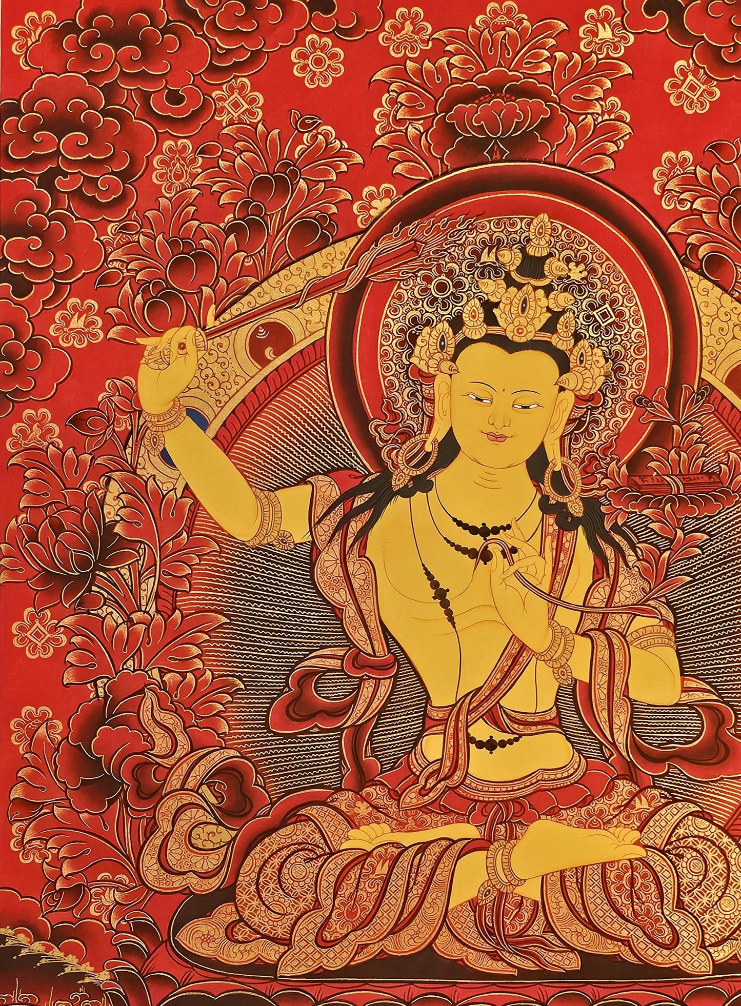 Manjushree Thangka Buddhist Wall Art | Tibetan Deity Thangka for Meditation Room Decor | Wisdom Buddha Painting for Altar