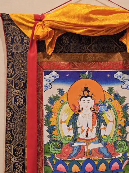 Chyangresi Border Thangka | Tibetan Avalokiteshvara Wall Art | Spiritual Buddhist Home Decor Gift