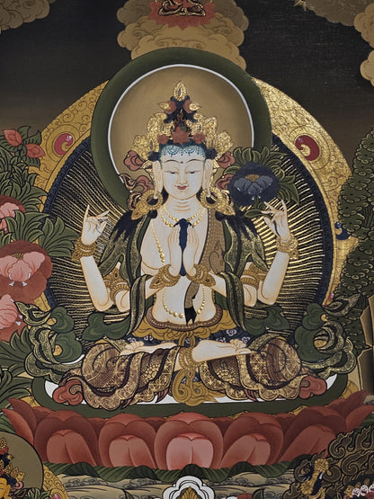 Chyangresi Thangka Hand-Painted  | 41x56 cm Avalokiteshvara Tibetan Wall Art | Traditional Nepalese Buddhist Painting | Spiritual Decor