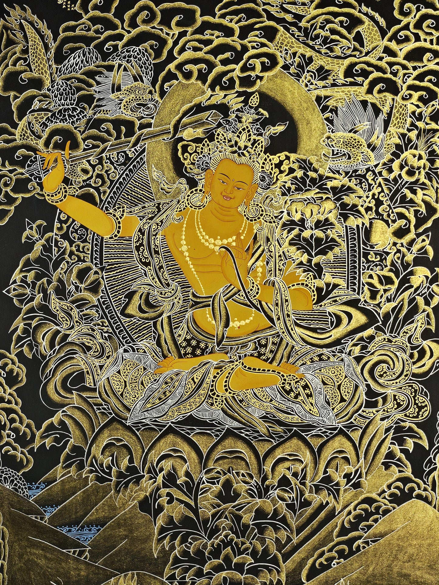 Buddhist Wall Art Manjushree Thangka  | Tibetan Deity Thangka for Meditation Room Decor