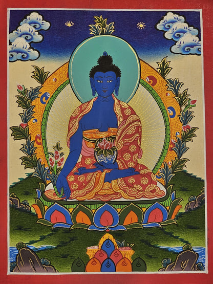Hand Painted Medicine Buddha Thangka on Cotton Canvas | Healing Tibetan Wall Art | Spiritual Buddhist Decor for Altar or Meditation Room
