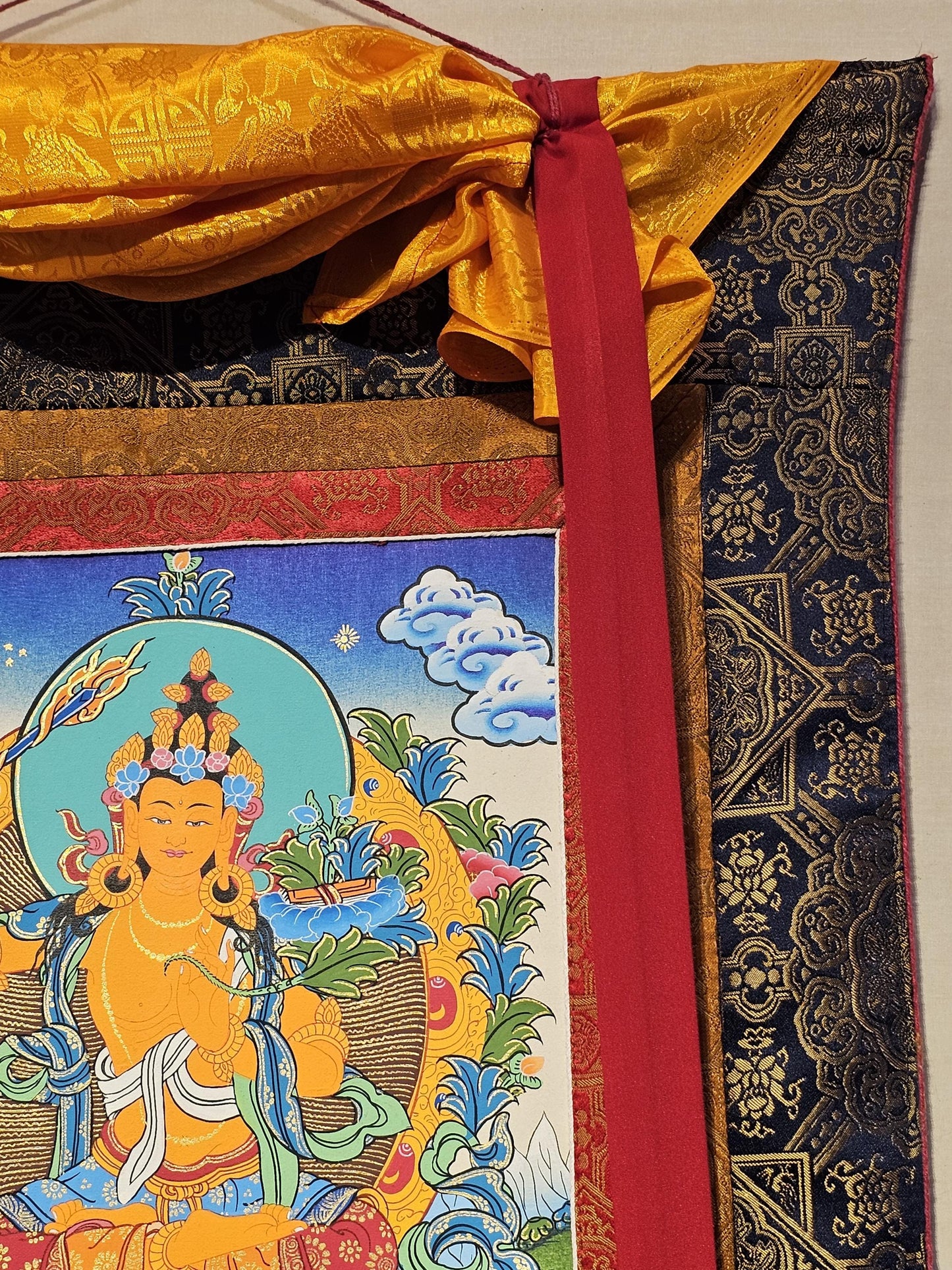 Manjushree Border Thangka | Tibetan Deity Thangka for Meditation Room Decor | Wisdom Buddha Painting for Altar