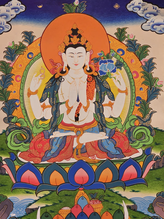 Chyangresi Border Thangka | Tibetan Avalokiteshvara Wall Art | Spiritual Buddhist Home Decor Gift