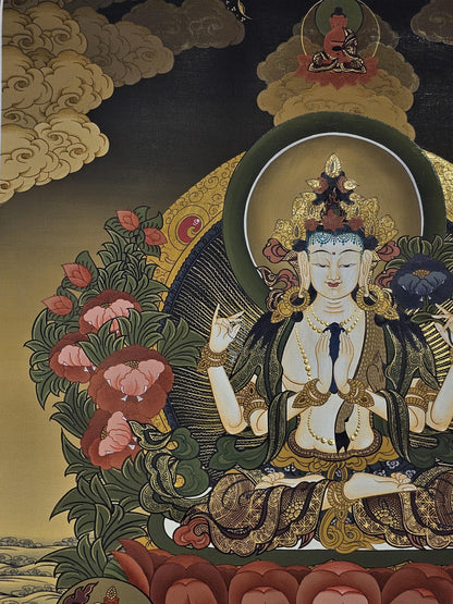 Chyangresi Thangka Hand-Painted  | 41x56 cm Avalokiteshvara Tibetan Wall Art | Traditional Nepalese Buddhist Painting | Spiritual Decor