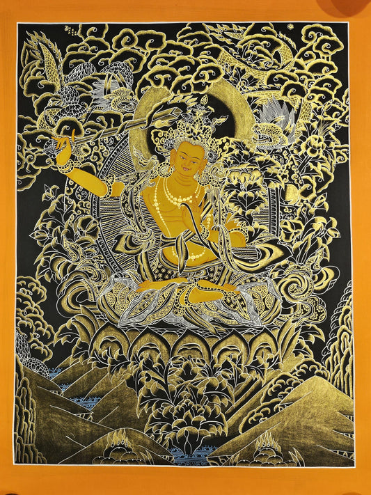 Buddhist Wall Art Manjushree Thangka  | Tibetan Deity Thangka for Meditation Room Decor