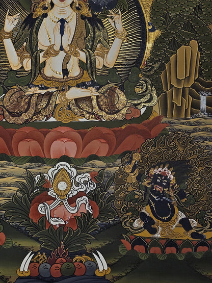 Chyangresi Thangka Hand-Painted  | 41x56 cm Avalokiteshvara Tibetan Wall Art | Traditional Nepalese Buddhist Painting | Spiritual Decor