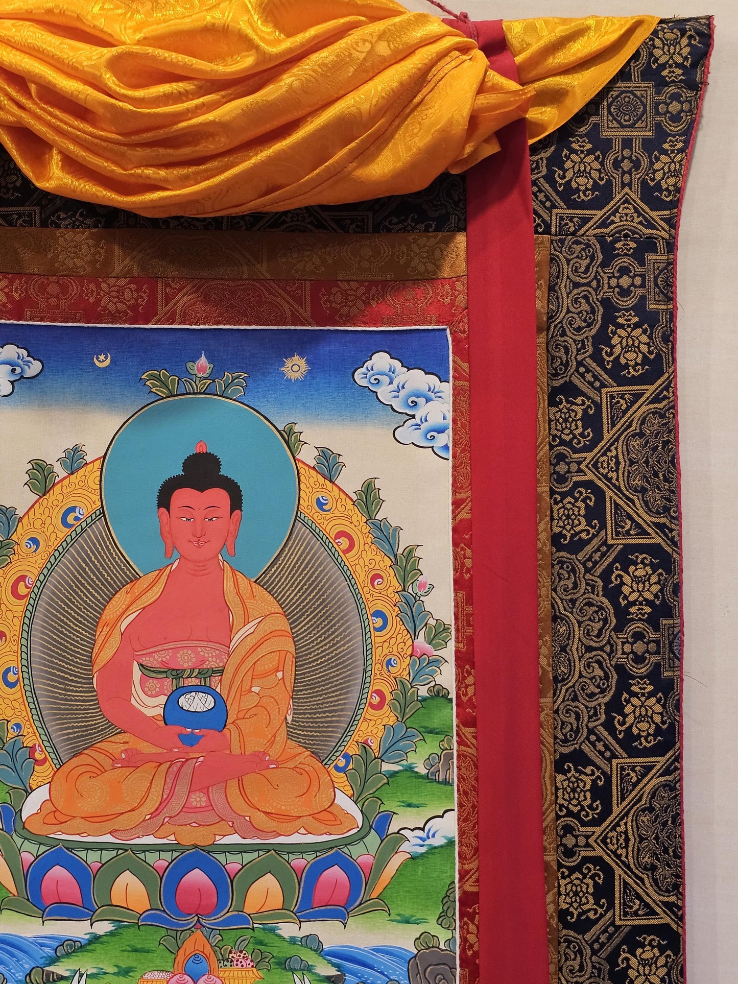 Amitabha Buddha Border Thangka | Tibetan Buddhist Art | Meditation & Healing Decor | Sacred Nepali Painting | Handmade Religious Art