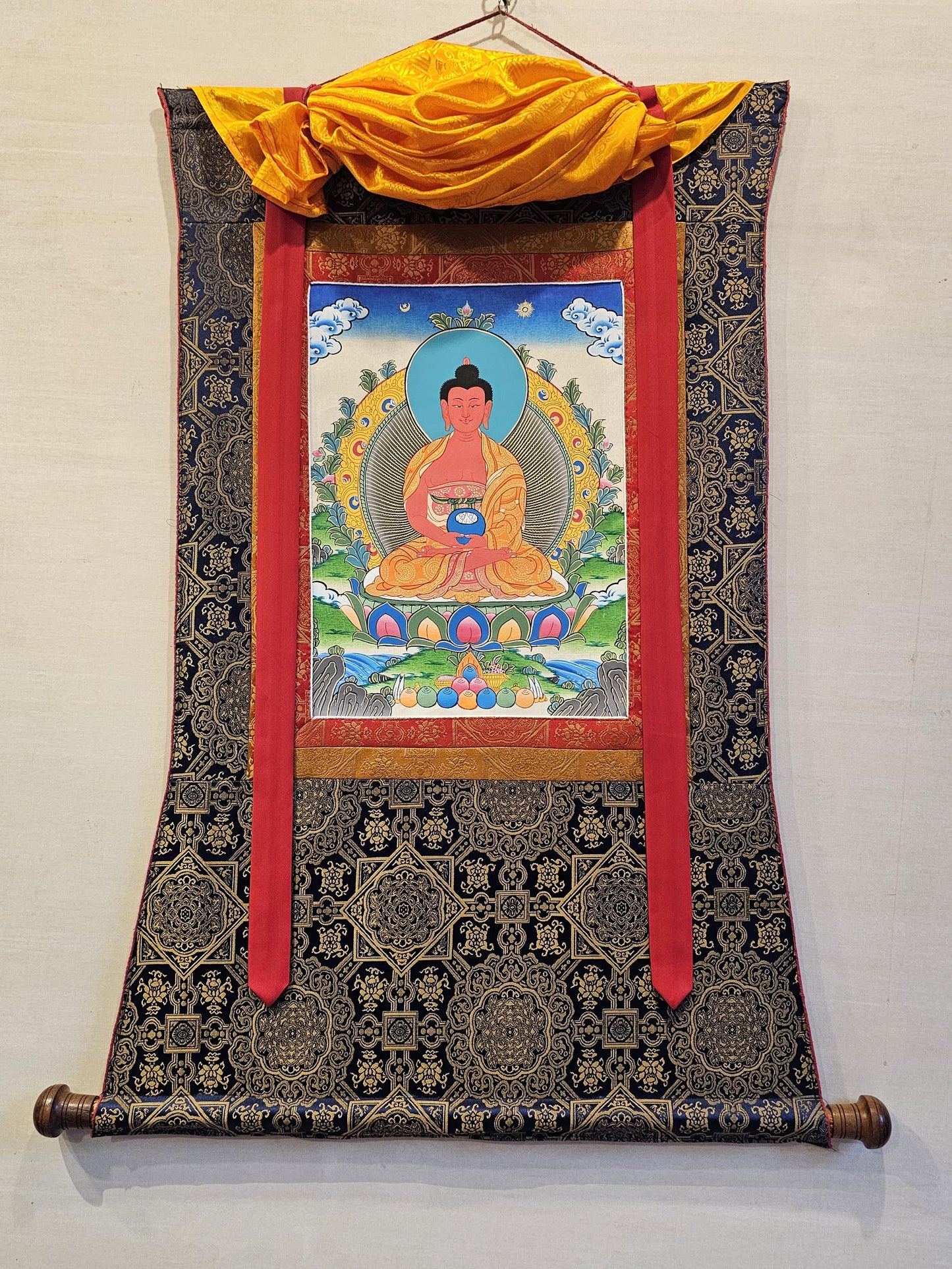 Amitabha Buddha Border Thangka | Tibetan Buddhist Art | Meditation & Healing Decor | Sacred Nepali Painting | Handmade Religious Art
