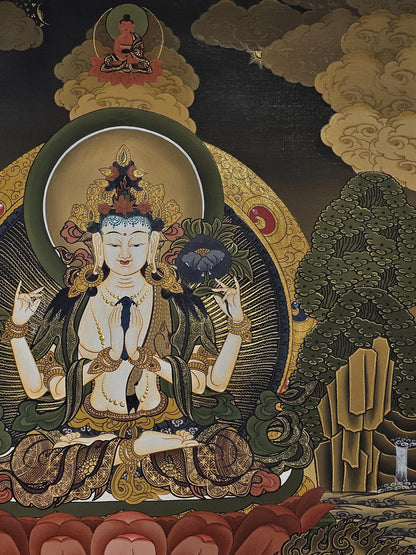 Chyangresi Thangka Hand-Painted  | 41x56 cm Avalokiteshvara Tibetan Wall Art | Traditional Nepalese Buddhist Painting | Spiritual Decor