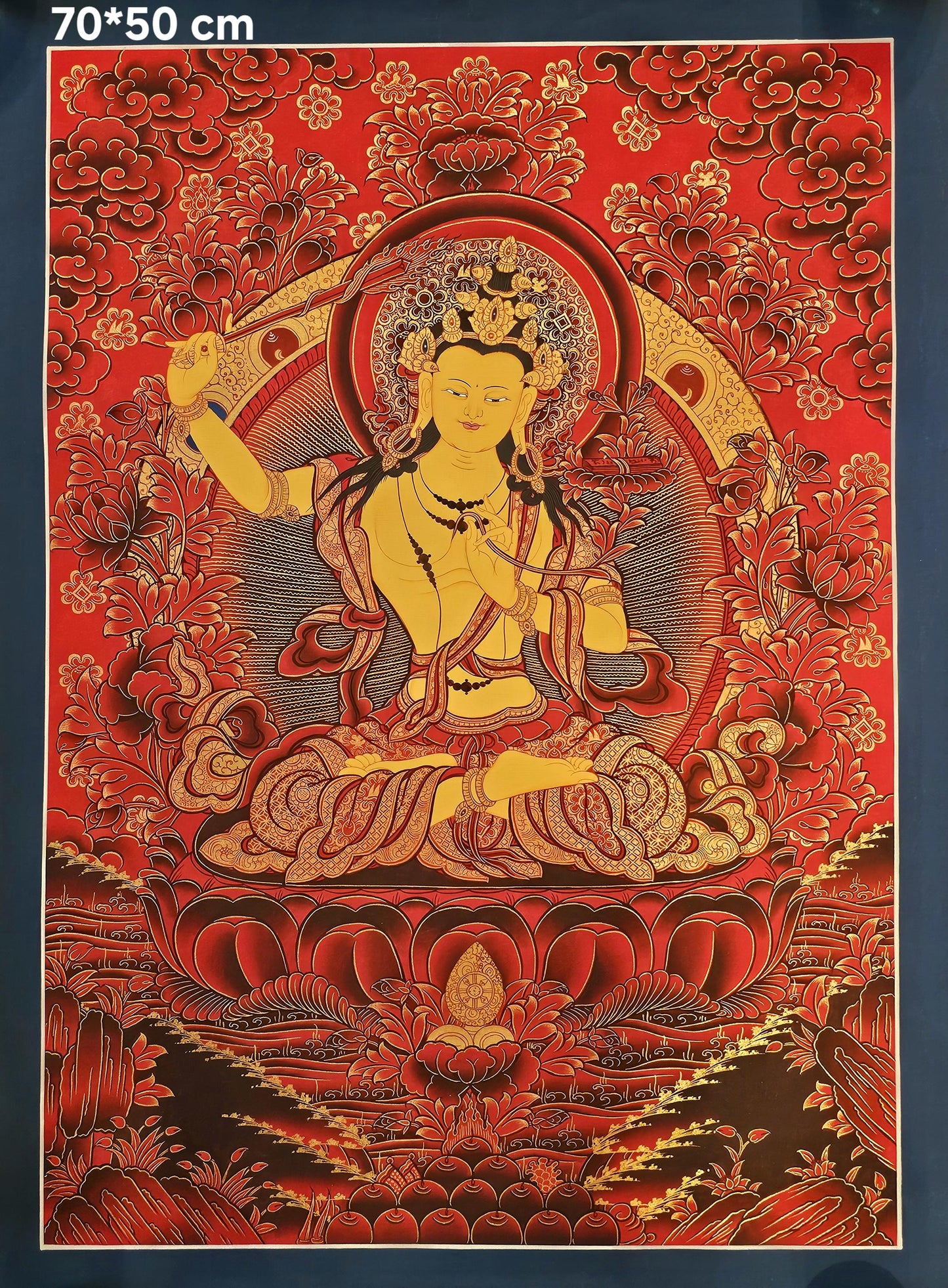 Manjushree Thangka Buddhist Wall Art | Tibetan Deity Thangka for Meditation Room Decor | Wisdom Buddha Painting for Altar