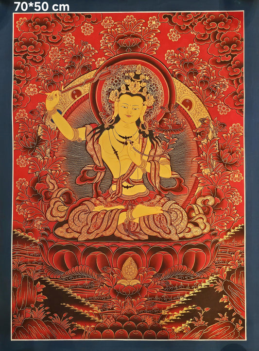 Manjushree Thangka Buddhist Wall Art | Tibetan Deity Thangka for Meditation Room Decor | Wisdom Buddha Painting for Altar