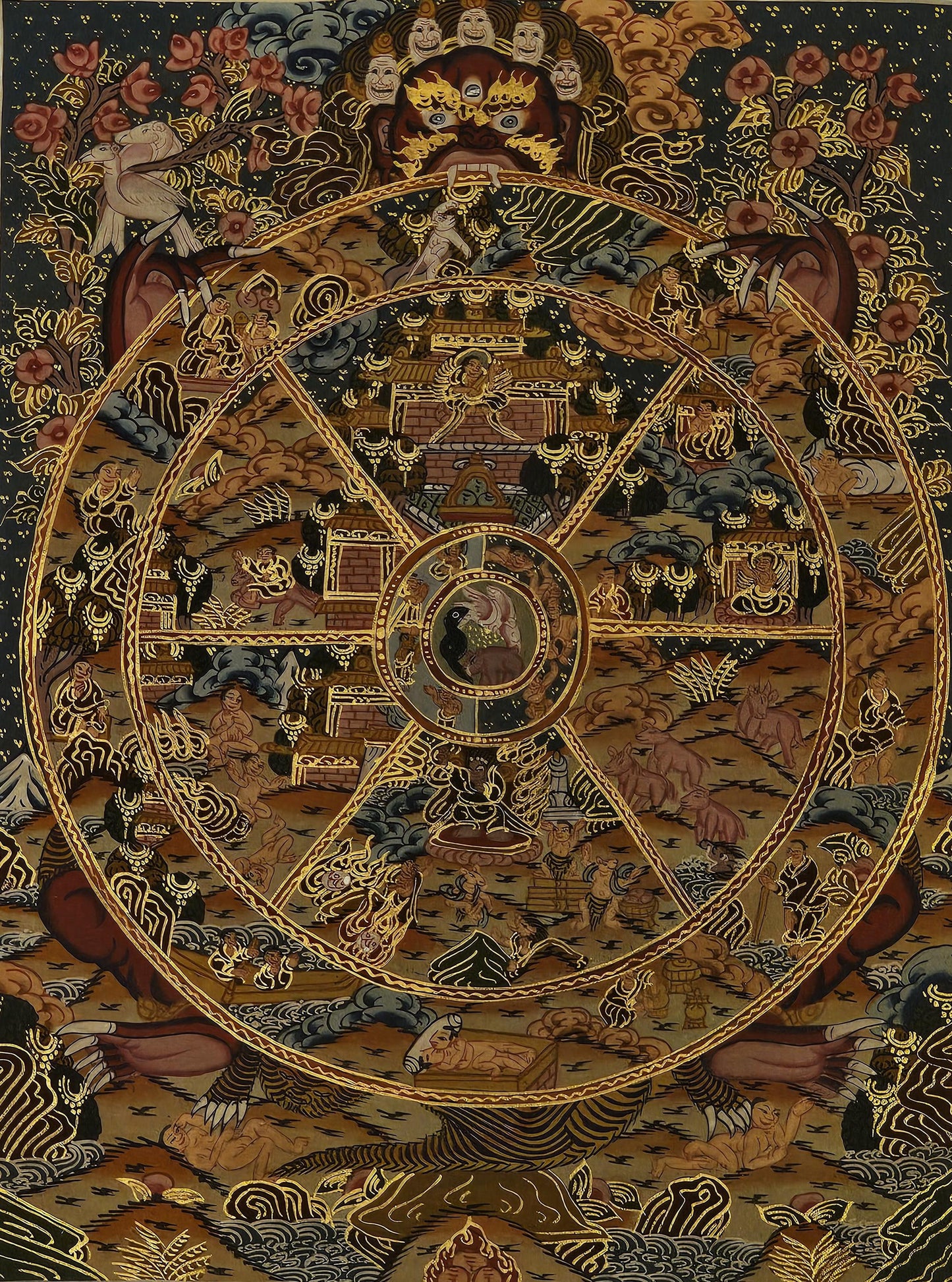 Tibetan Thangka Painting Wheel of Life Buddhist Wall Art | Hand Painted Karma and Rebirth Decor | Spiritual Meditation Room Artwork