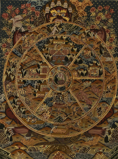 Tibetan Thangka Painting Wheel of Life Buddhist Wall Art | Hand Painted Karma and Rebirth Decor | Spiritual Meditation Room Artwork