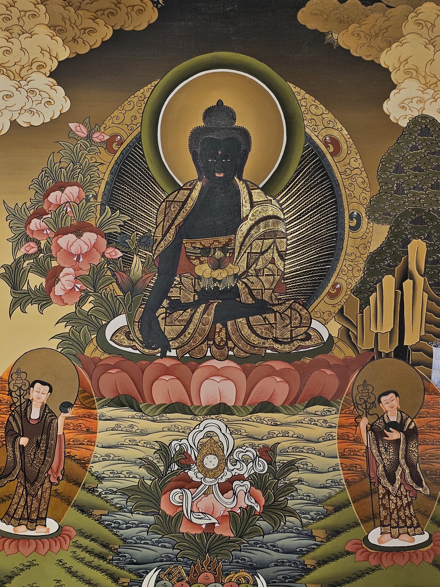 Medicine Buddha Thangka Hand-Painted  | 41x56 cm Tibetan Healing Wall Art | Traditional Nepalese Buddhist Painting | Spiritual Home Decor