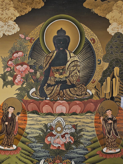 Medicine Buddha Thangka Hand-Painted  | 41x56 cm Tibetan Healing Wall Art | Traditional Nepalese Buddhist Painting | Spiritual Home Decor