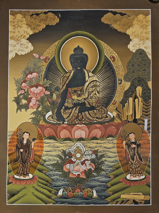 Medicine Buddha Thangka Hand-Painted  | 41x56 cm Tibetan Healing Wall Art | Traditional Nepalese Buddhist Painting | Spiritual Home Decor
