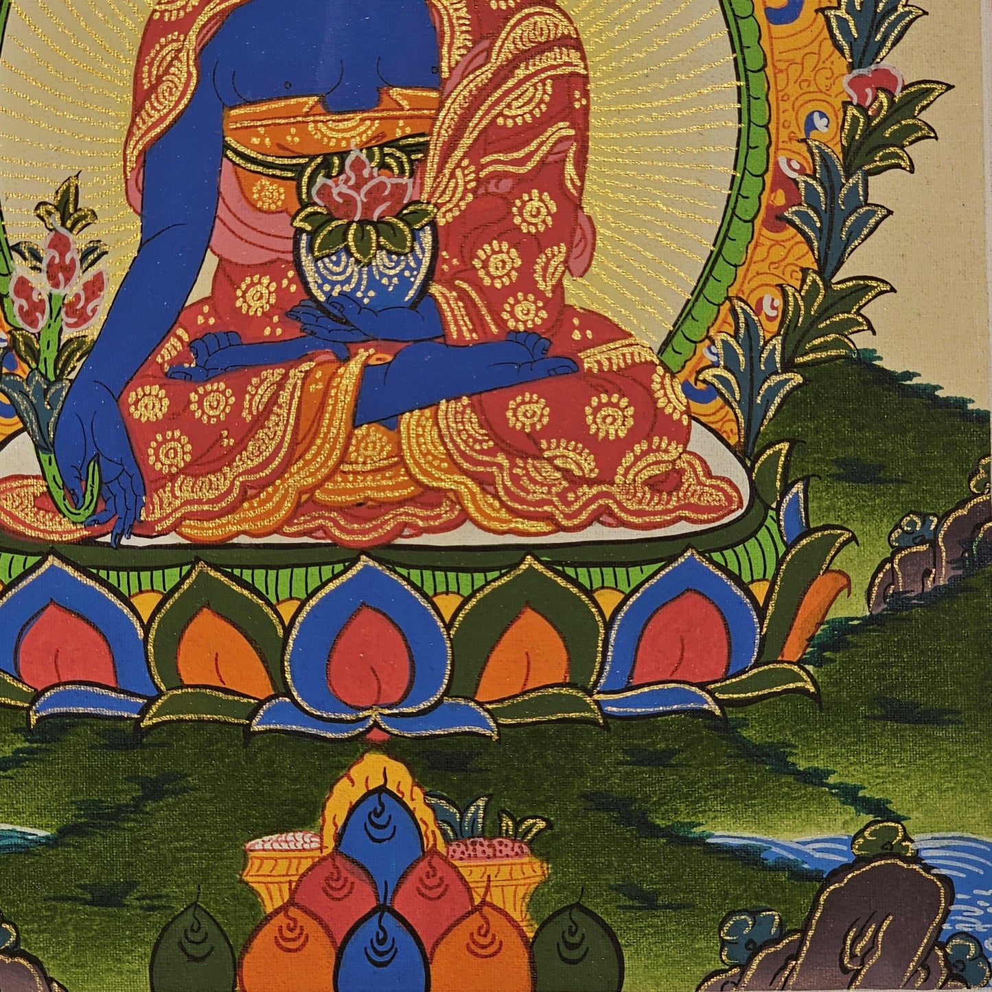 Hand Painted Medicine Buddha Thangka on Cotton Canvas | Healing Tibetan Wall Art | Spiritual Buddhist Decor for Altar or Meditation Room